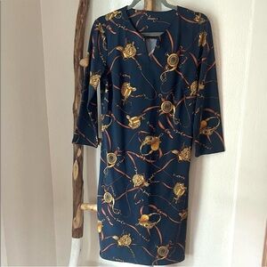 J. McLaughlin Navy Blue Gold Chain Equestrian 3/4 Sleeve Catalina Carly Dress M